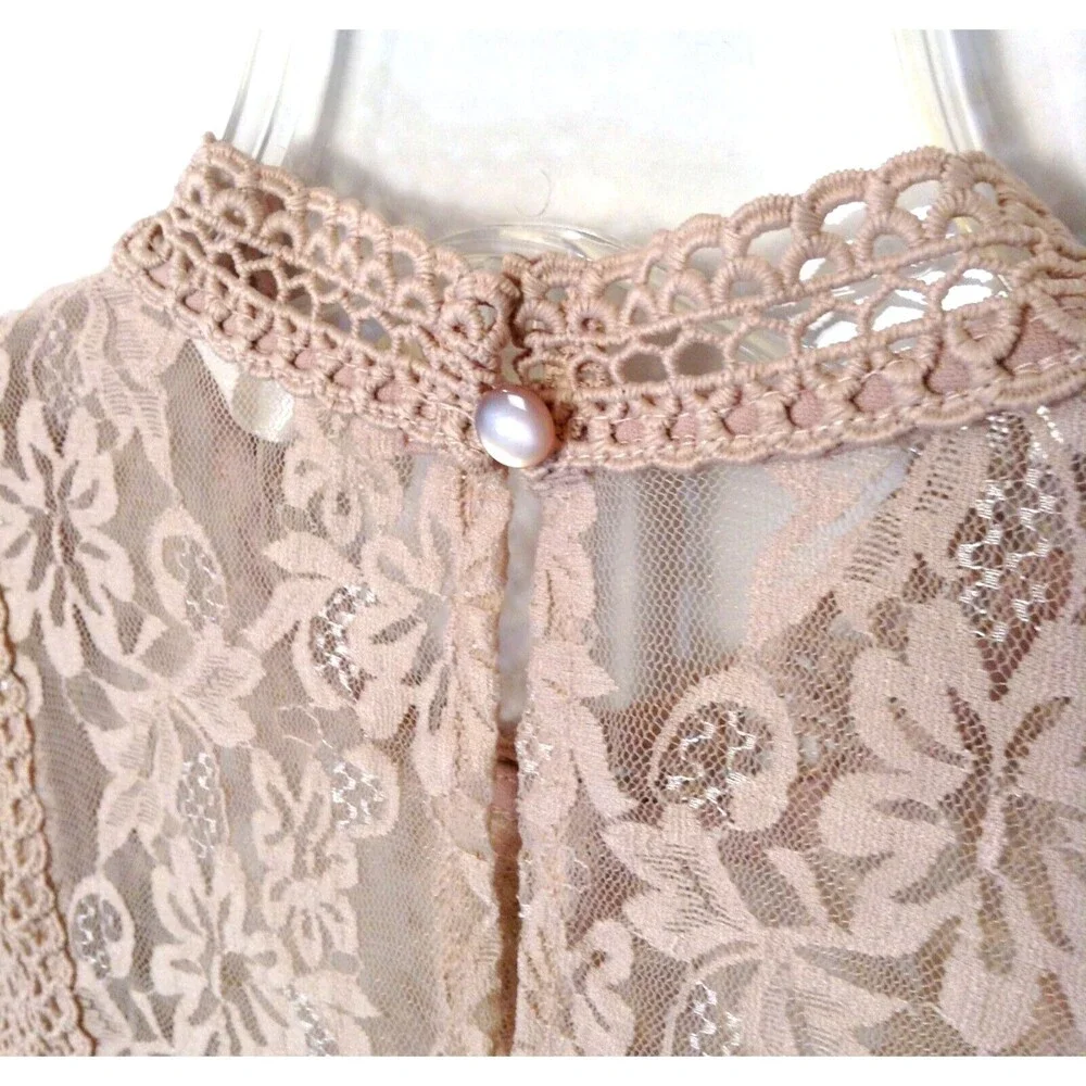 Crochet Lace Embroidered Top Wn S Beige Long Sleeve Blouse Sheer Fairy Boho Y2K